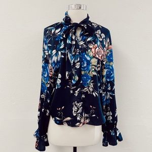NWOT Free People Floral Blouse Tie Neck Blue Bow
